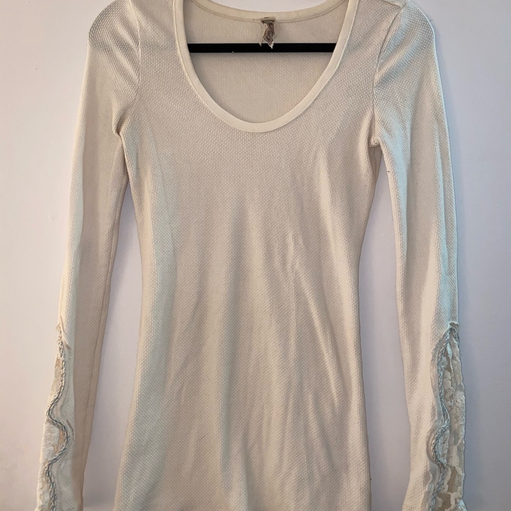 Free People Cream Long sleeve top embroidered cuff